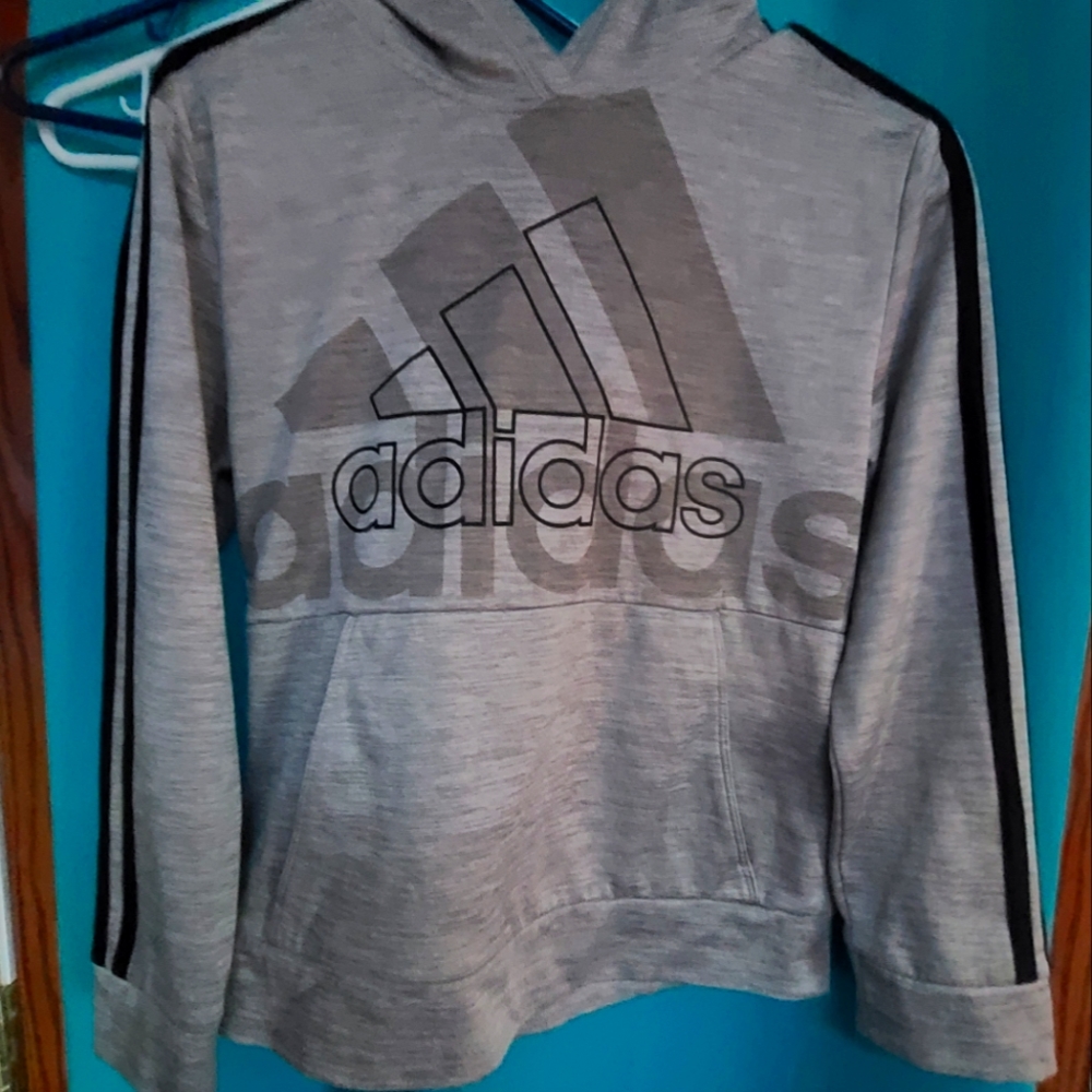 Boys Adidas hoodie, light fleece lining, athletic fabric.